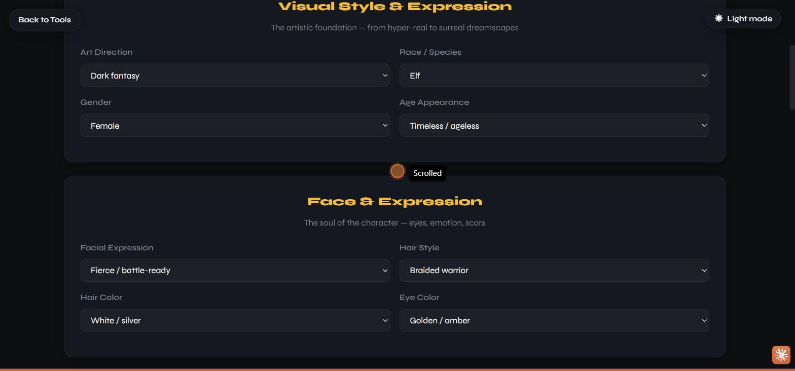 The Character Creator form filled in