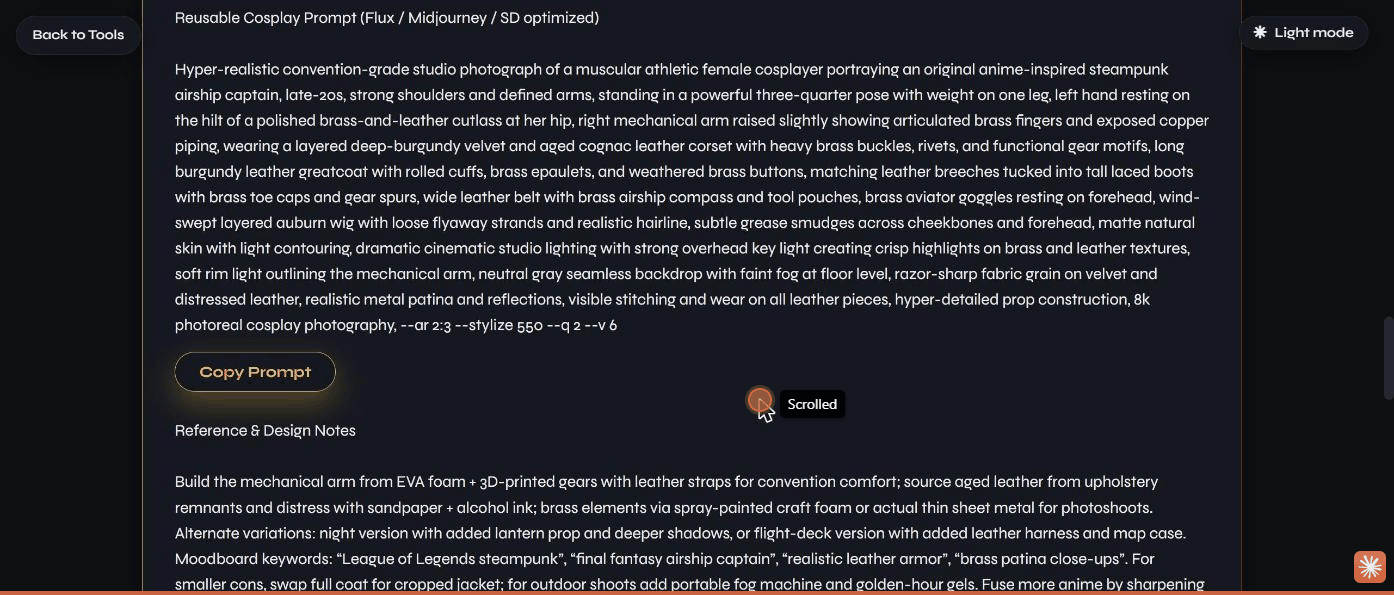 The generated cosplay prompt
