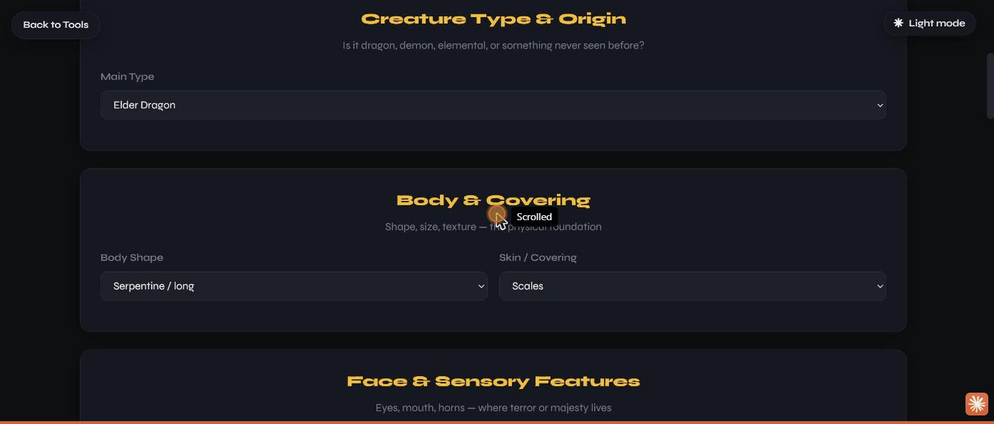 The Creature Creator form filled in
