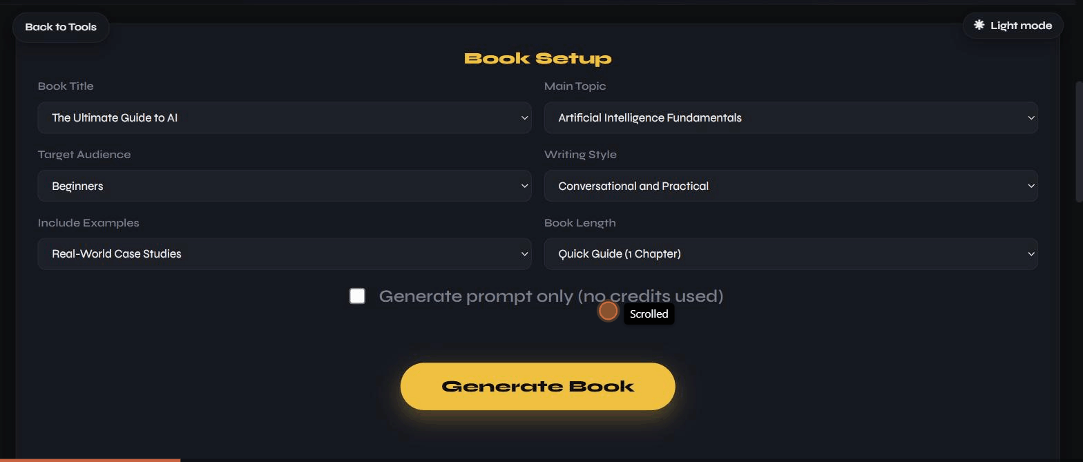 The book setup form