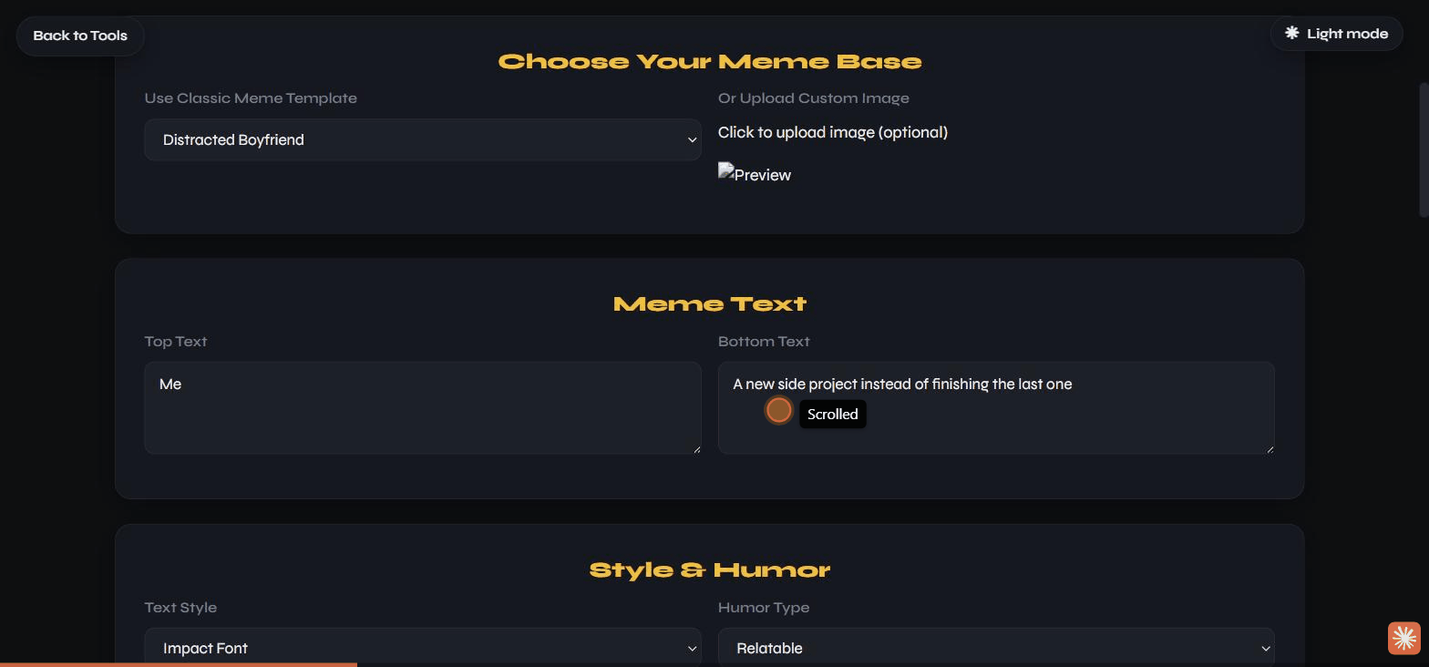 The meme setup form