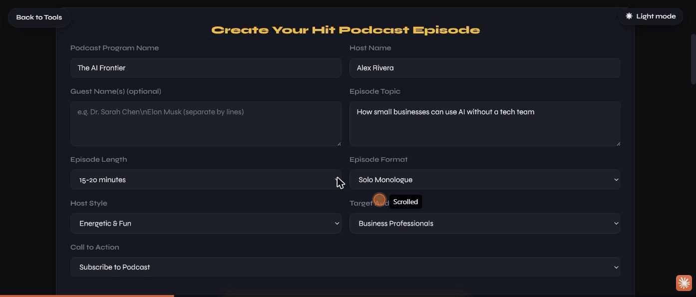 The episode setup form