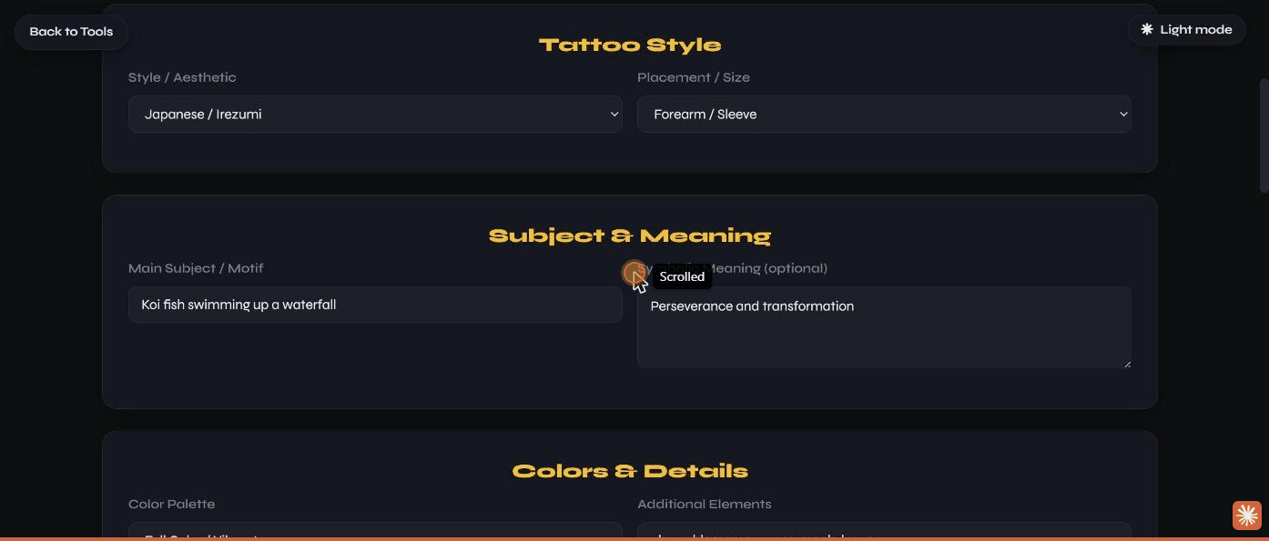 The Tattoo Design Generator form filled in