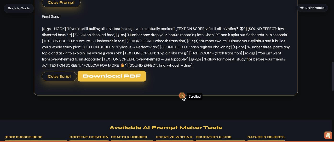 The generated TikTok script